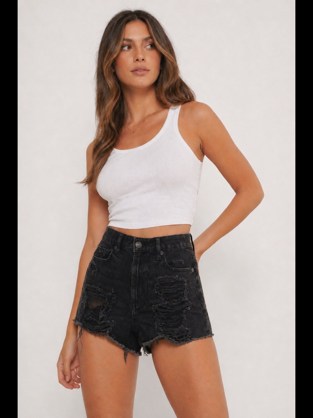 American Eagle 4 Denim Mom Shorts Black Distressed Crossover Waistband 2023